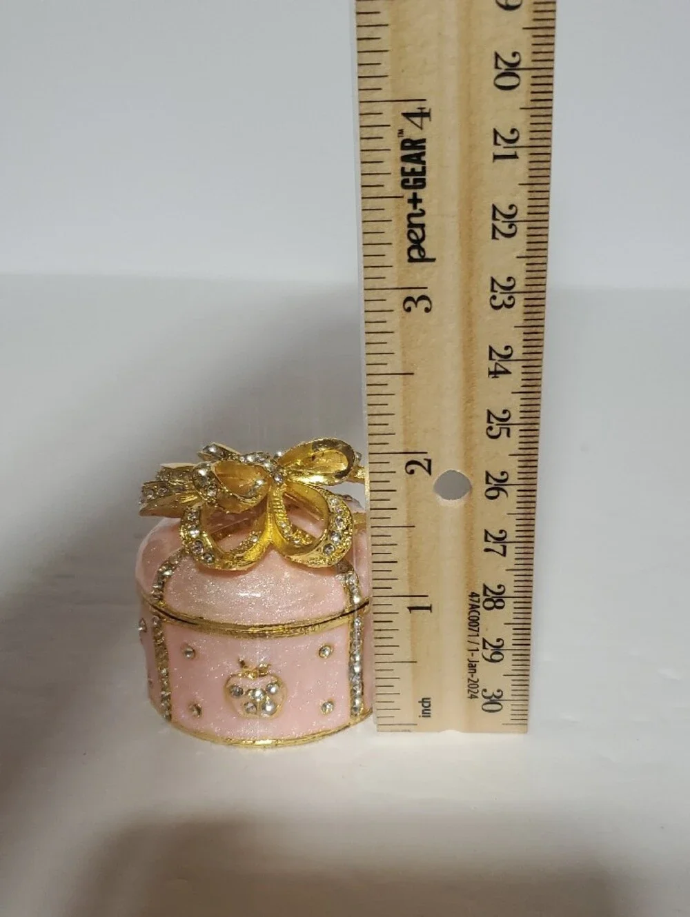 Pink Enamel Trinket Box with Gold Bow Accent